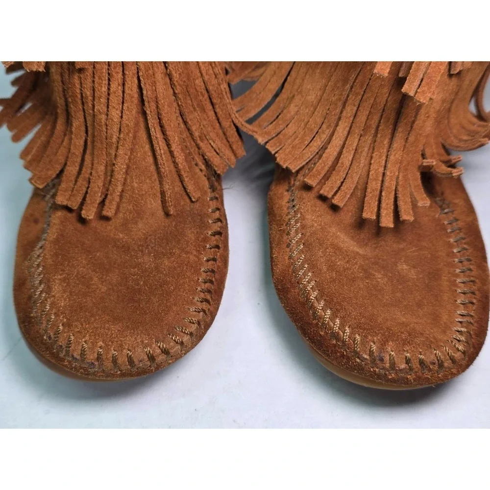 Minnetonka Three Layer Fringe Boots Girls Size 1 Brown Suede Mid Calf Western